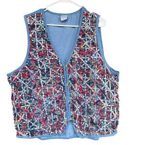Cascade Blues Vest Womens 2X Blue Patchwork Plaid Embroidered Button Up Boho